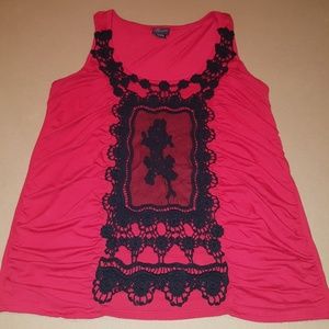 Plus size dressy red tank with black lace overlay.